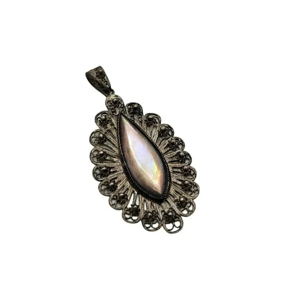 800 Silver Purple Abalone Shell Ornate Filigree Ne